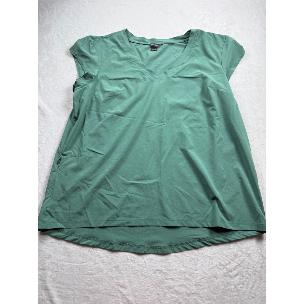 Eddie Bauer Womens Green V-Neck Short Sleeve Active Top Side Zip Pocket Large